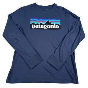 Patagonia Long Sleeve T-Shirt Youth L 12 Navy Blue Fitz Roy Logo Organic Cotton